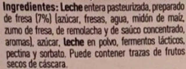 Yogur con fresa ingredients label