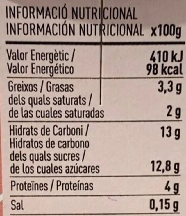 Yogur con fresa nutrition facts table