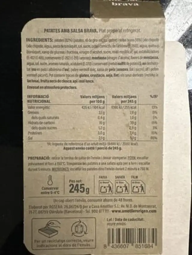 Patatas Amb Salsa Brava nutrition facts table