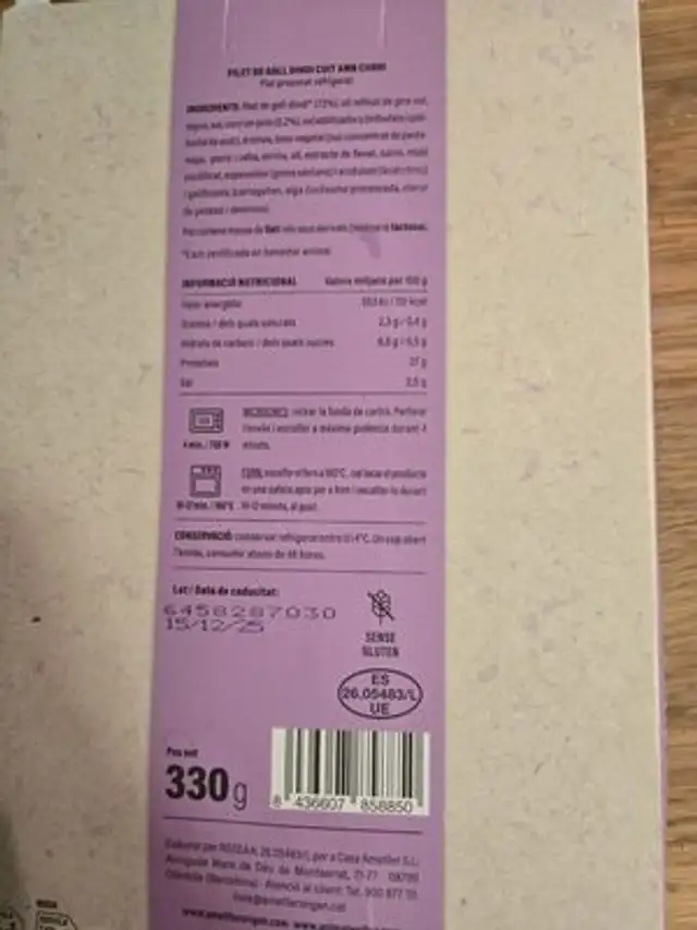 Filet de Gall Dindi amb Curri nutrition facts table