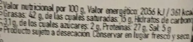 Baró nutrition facts table