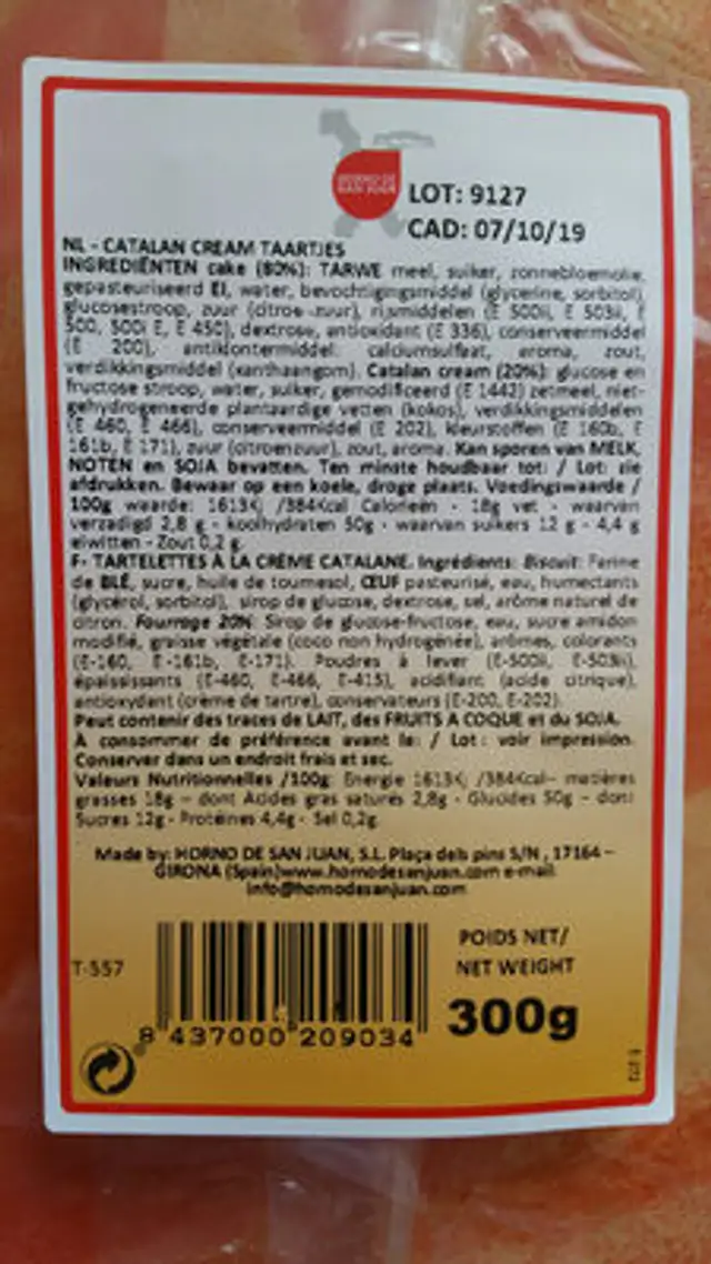 Catalan cream taartjes ingredients label
