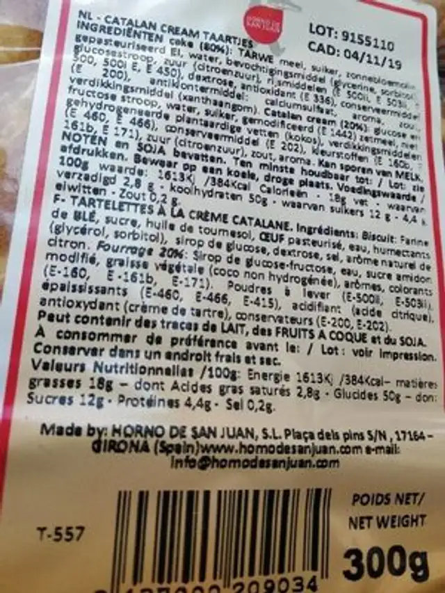 Catalan cream taartjes nutrition facts table