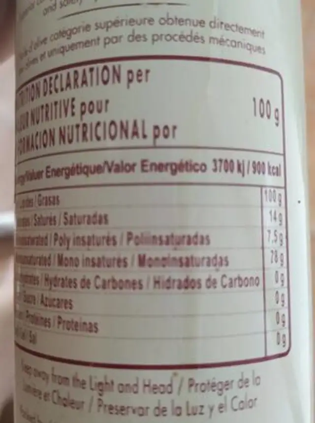 Aceite de oliva virgen extra nutrition facts table
