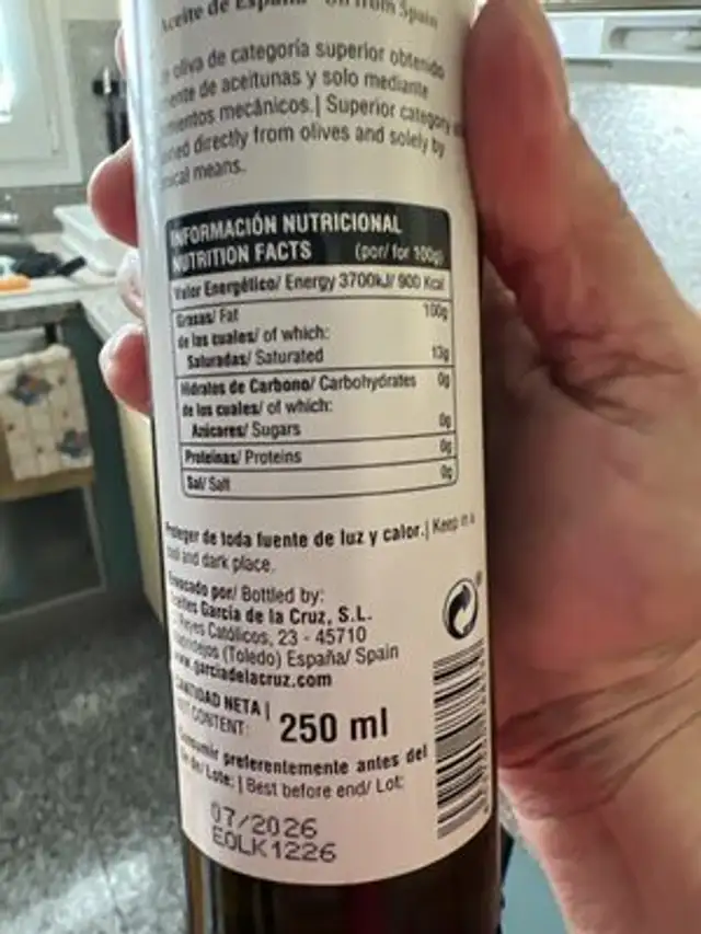 Aceite Oliva Virgen Extra nutrition facts table