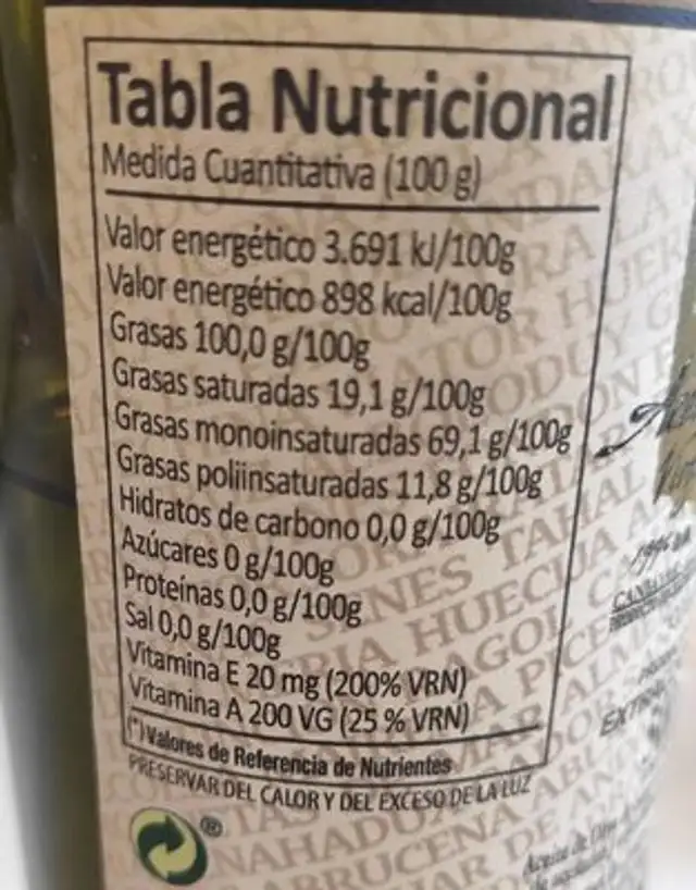 Aceite de oliva nutrition facts table