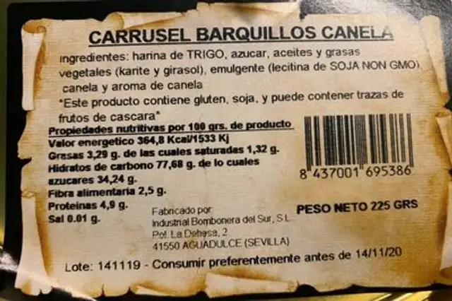 Carrusel barquillos canela nutrition facts table