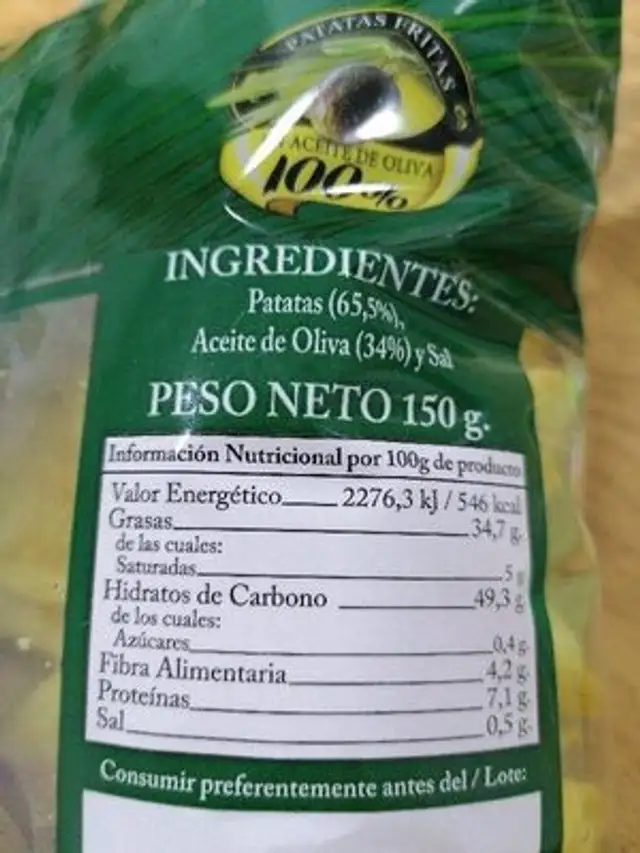 Patatas fritas ingredients label