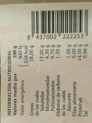 Queso fresco artesanal de Sieso nutrition facts table