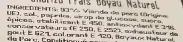 Chorizo frais boyau naturel ingredients label