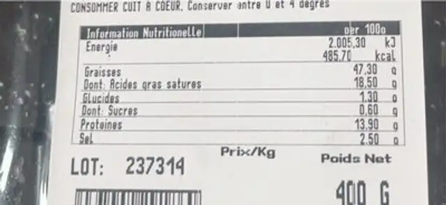 Chorizo frais boyau naturel nutrition facts table