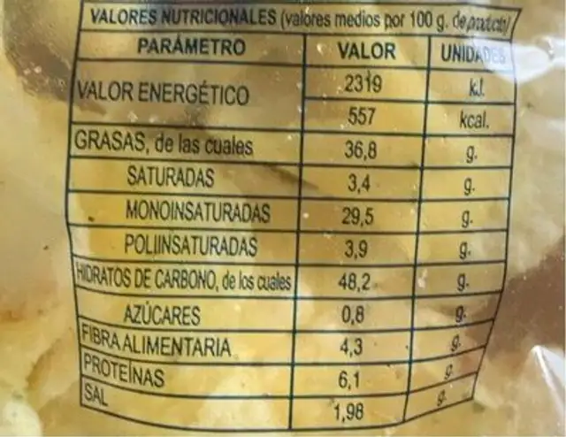 Patatas fritas con ajo y perejil nutrition facts table