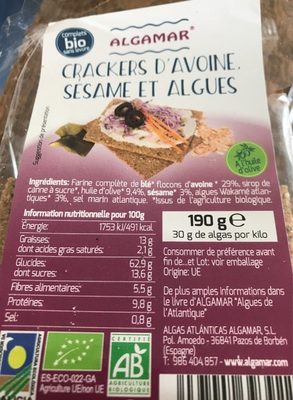 Crackers d avoine sesame et algues