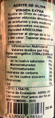 La casa del aceite nutrition facts table