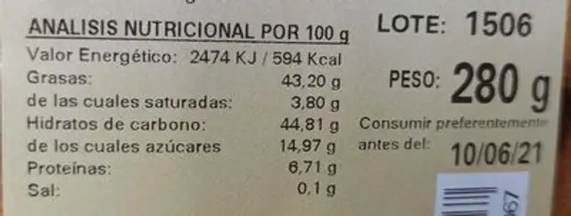Roski de anís nutrition facts table