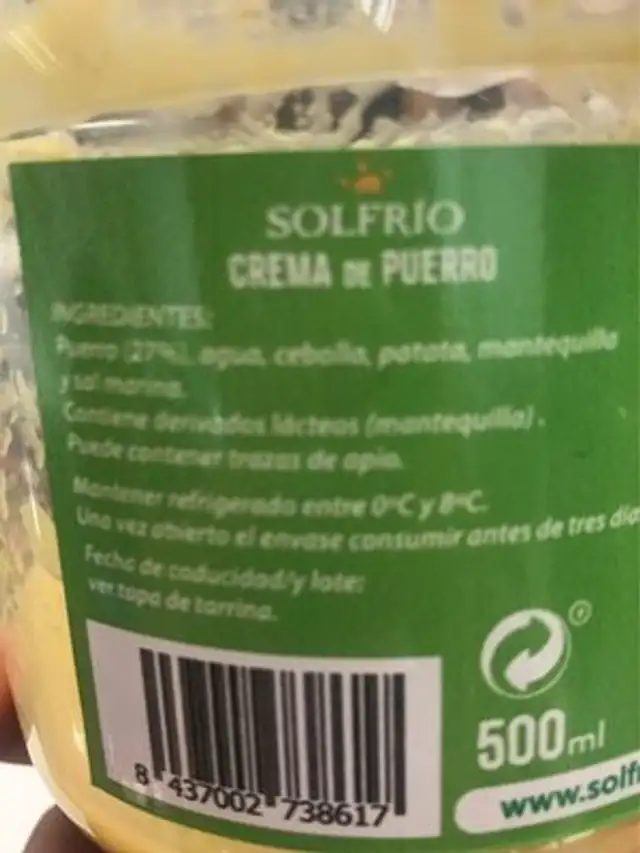 Crema de puerro ingredients label