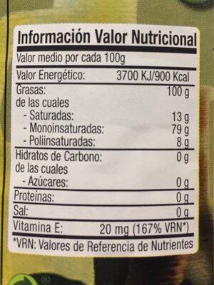 Aceite de oliva nutrition facts table