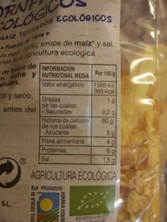 Cornflakes Ecológicos nutrition facts table