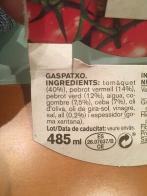 Gaspatxo amb hortalisses fresques ingredients label