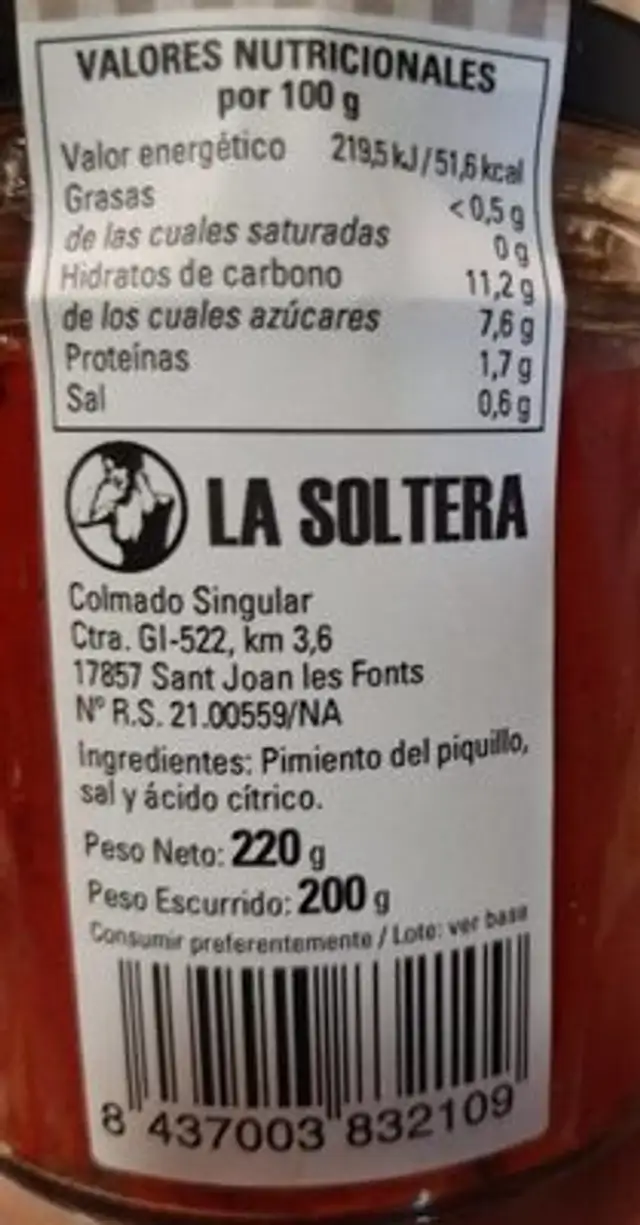 Pimientos a la brasa nutrition facts table