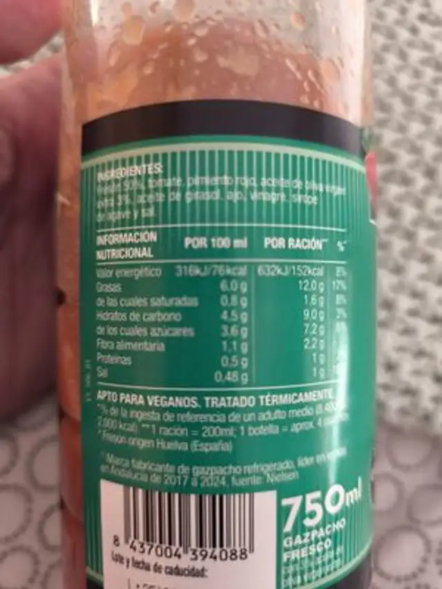 Gazpacho De Fresón ingredients label