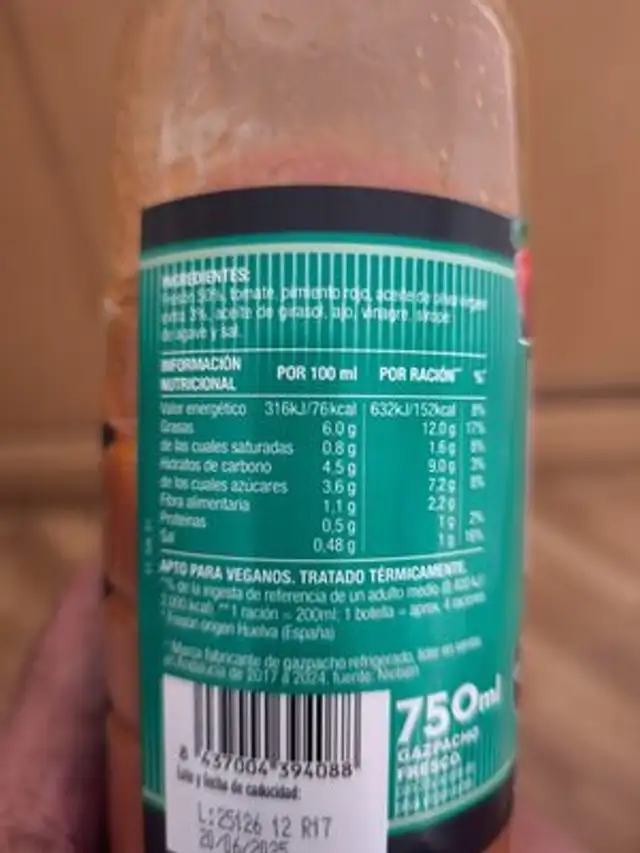 Gazpacho De Fresón nutrition facts table