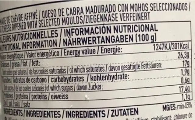 Bûche de chèvre nutrition facts table