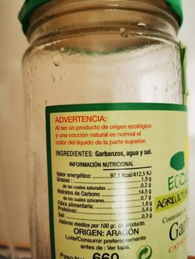 Garbanzo ecológico ingredients label