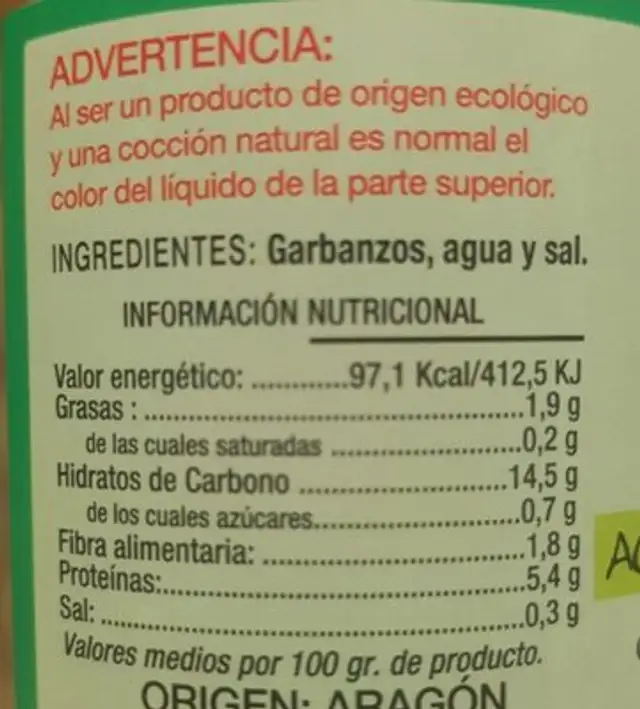Garbanzo ecológico nutrition facts table