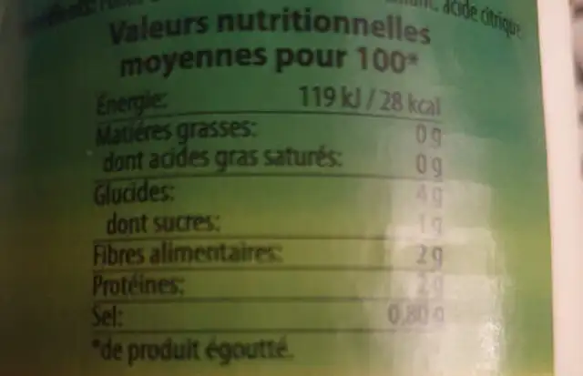 fonds d'artichauts nutrition facts table