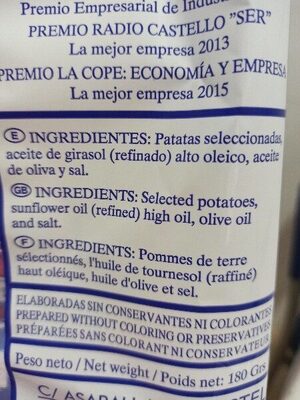 Patatas fritas elaboración artesana ingredients label