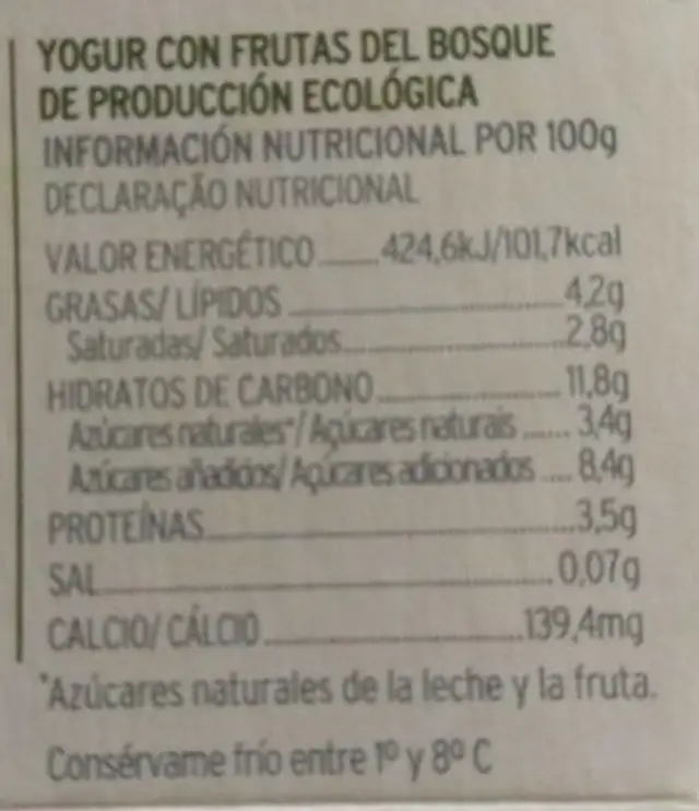 Yogur con frutas del bosque nutrition facts table