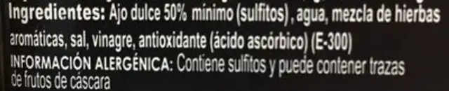 Ajos dulces Vegatoro Gourmet ingredients label