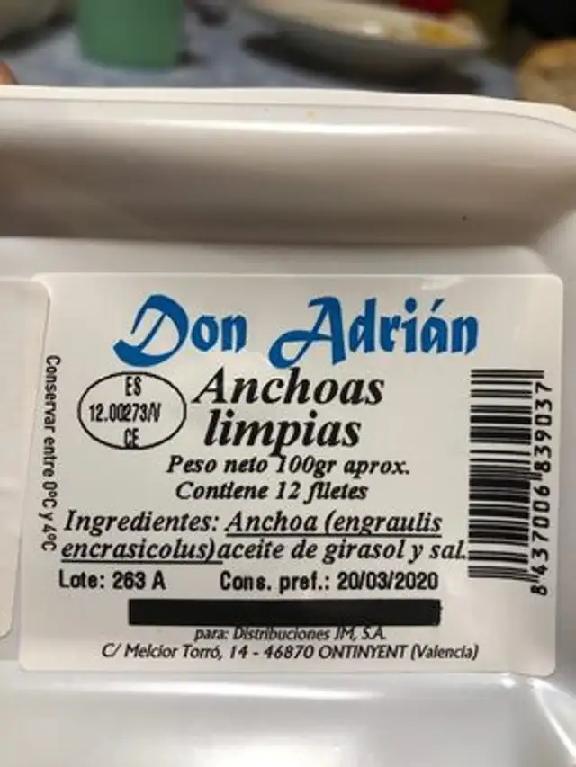Anchoas ingredients label