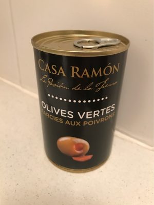 Olives vertes facies aux poivrons front packaging