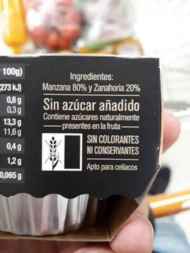Postre de manzana y zanahoria ingredients label