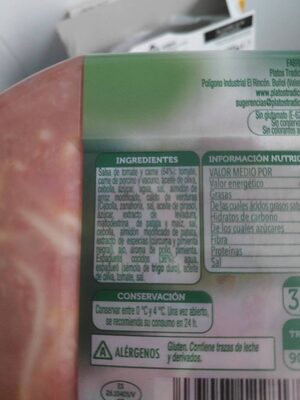 Espaguetis con carne y tomate DESCATALOGADO ingredients label