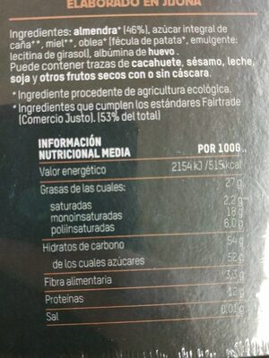 Turrón duro de almendra nutrition facts table