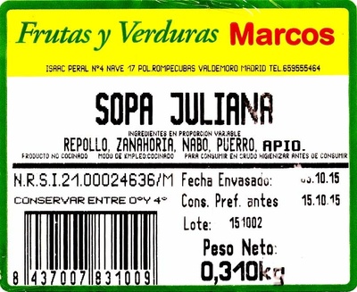 Sopa Juliana ingredients label