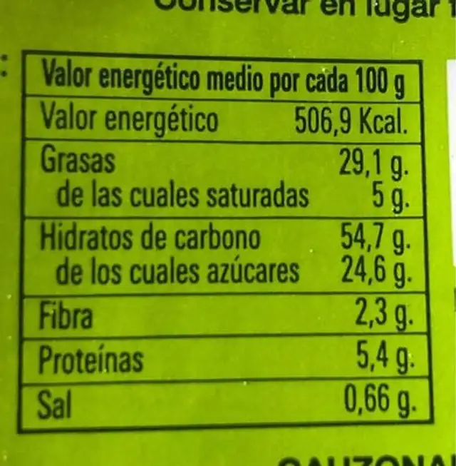 Lenguas de gato nutrition facts table
