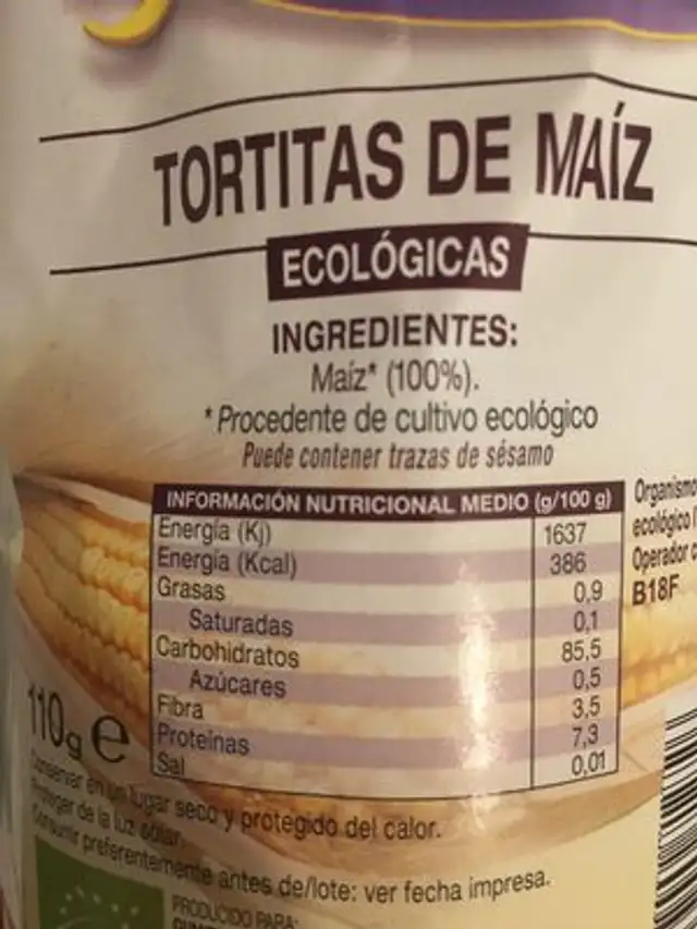 Tortitas Maiz S / Sal 110GR. Pasteco ingredients label