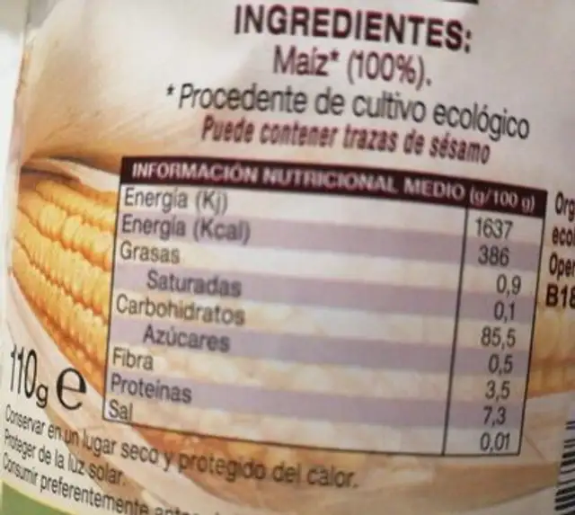 Tortitas Maiz S / Sal 110GR. Pasteco nutrition facts table