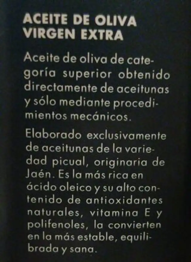 Extra virgen olive oil ingredients label