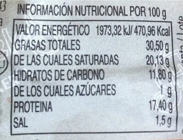 Queso San Simon nutrition facts table