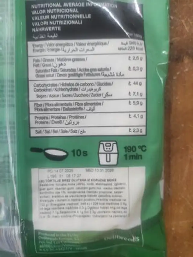 Corn Tortillas nutrition facts table