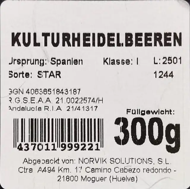 Kulturheidelbeeren ingredients label