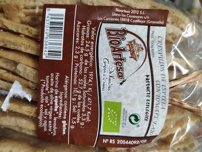 Crespillos de espelta con tomate y ajo front packaging