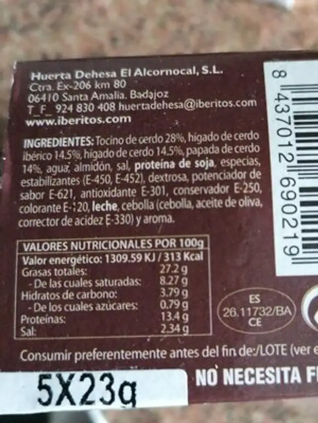 Paté ibérico nutrition facts table
