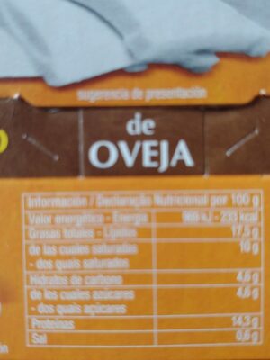 Queso fresco de oveja nutrition facts table
