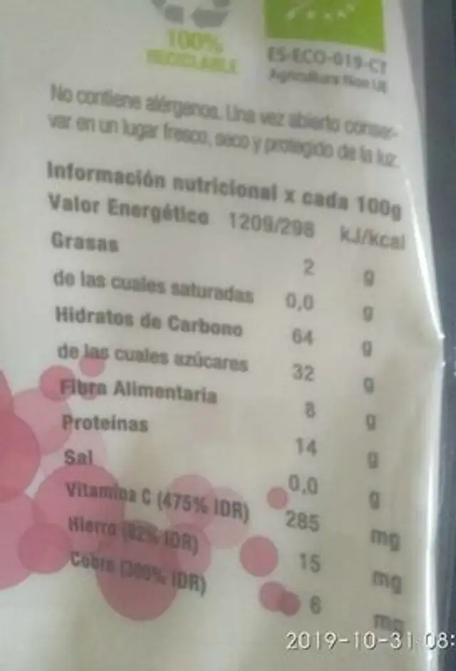 Maca peruana nutrition facts table